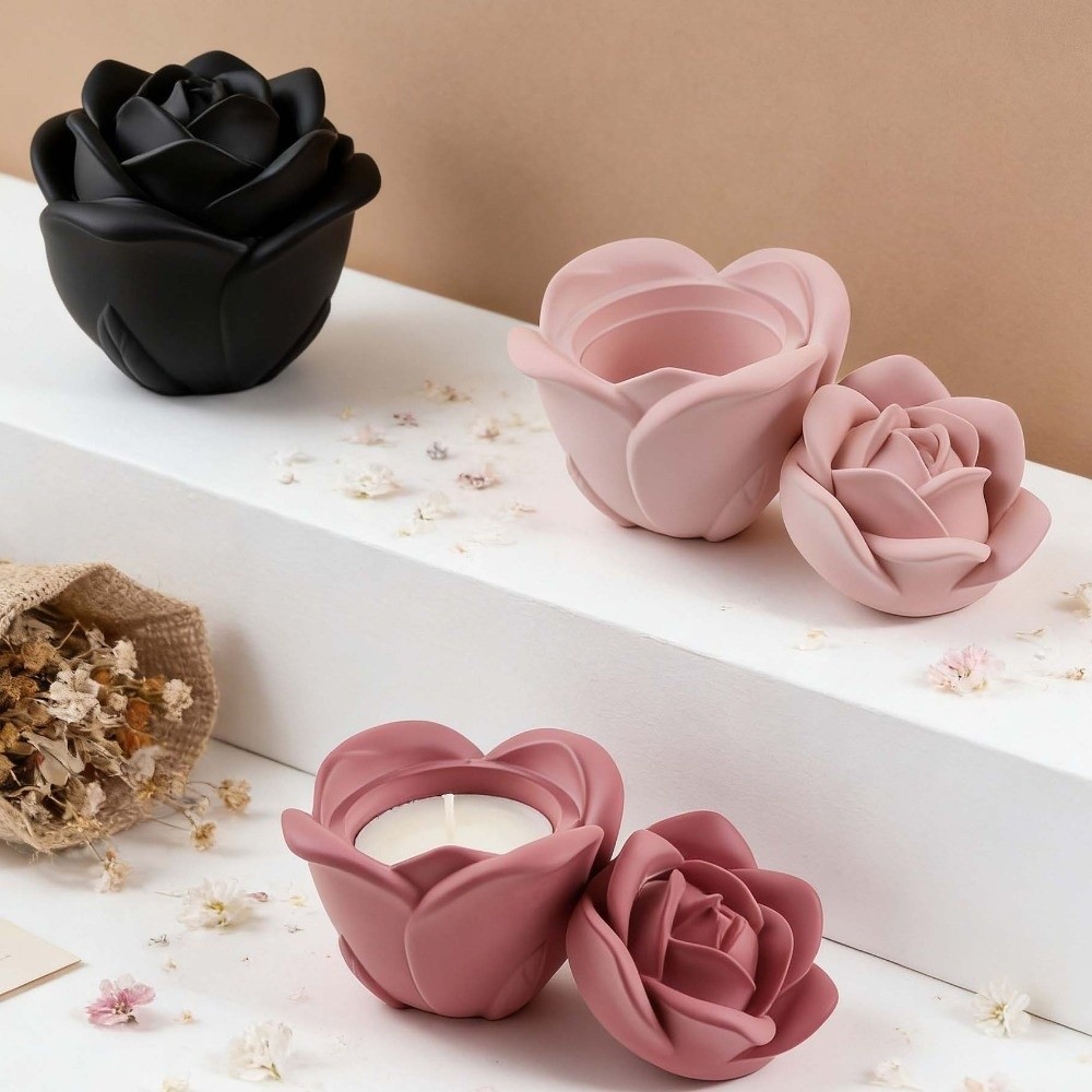 Candle Making Vessels - キャンドル容器シリコンローズフラワーモールドノンスティック手作り収納ボックスモールド蓋付きフラワーキャンドルカップモールドキャンドル作り用
