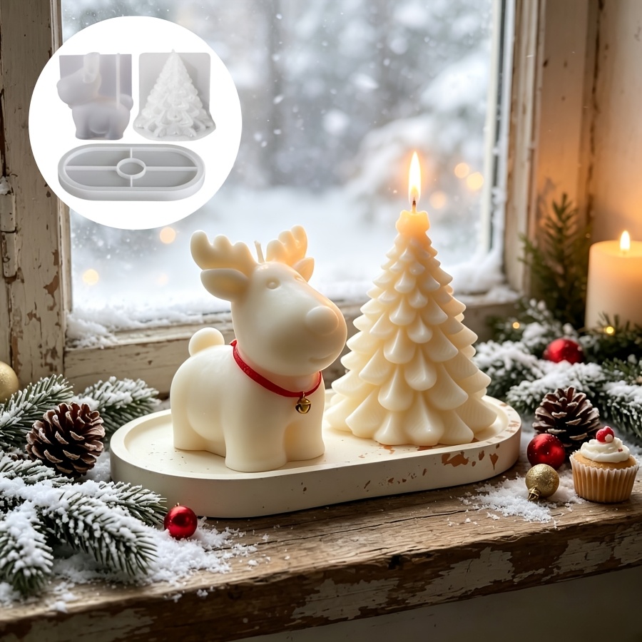 Candle Making Set - 粘土シリコンモールド3点セット：クリスマス鹿、クリスマスツリーキャンドル、オーバルトレイ、エポキシプラスターキャンドルの製作に適しています。