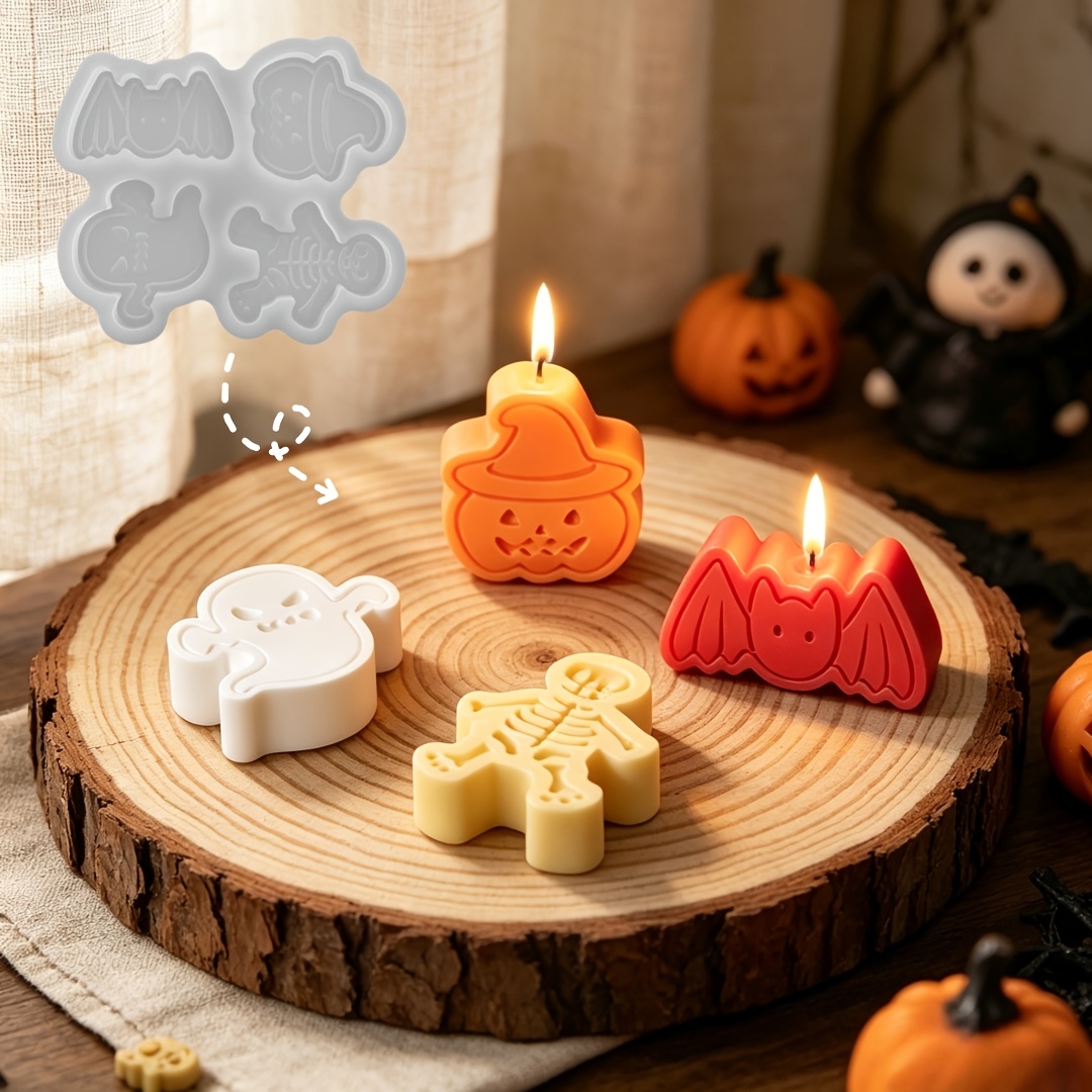 Candle Making Set - 4つの空洞を持つシリコン樹脂型セット。DIY粘土の幽霊、カボチャ、コウモリ、スカルキャンドル、ホリデークラフト用の石膏オーナメントに。